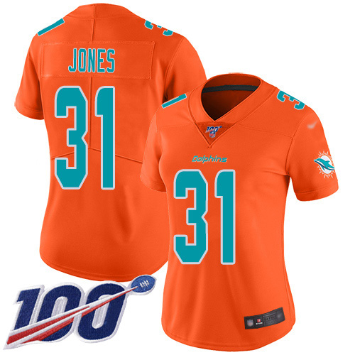 Nike Miami Dolphins 31 Byron Jones Orange Women Stitched NFL Limited Inverted Legend 100th Season Jersey